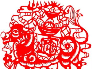 中国剪纸招财进宝耕牛矢量图