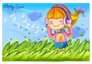 草地上听音乐的孩子