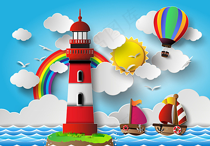 蓝色大海和灯塔矢量素材图片
