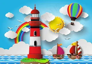 蓝色大海和灯塔矢量素材图片