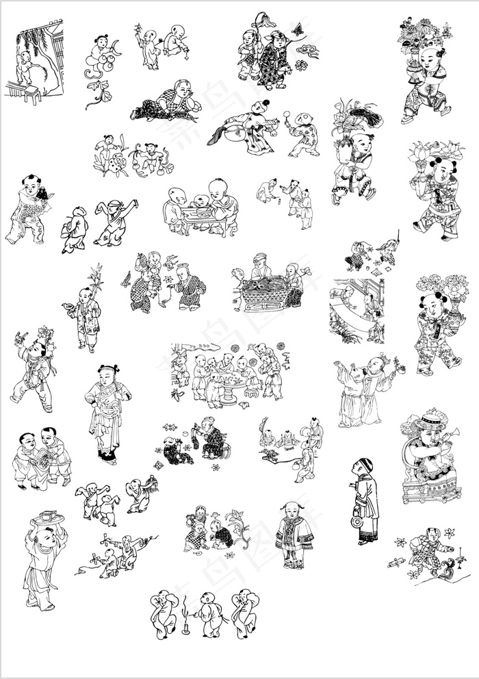 古风白描人物素材ai矢量模版下载