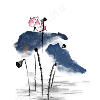 中国风复古水墨荷花,免抠元素