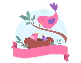 手绘扁平鸟妈妈喂食小鸟矢量元素