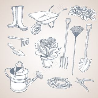 手绘园艺工具矢量素材图片