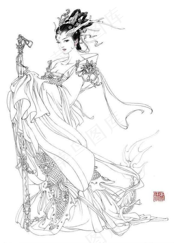 矢量人物线稿古典美女黑白稿ai矢量模版下载