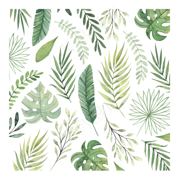手绘绿色花叶矢量背景素材