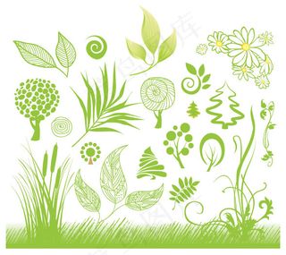 手绘绿色植物矢量图 AI