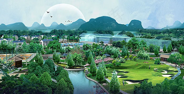 公园园林景观效果图(6400X3288(DPI:72))psd模版下载