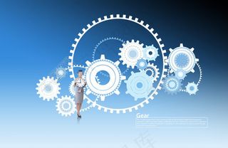 蓝色背景上的白色抽象齿轮