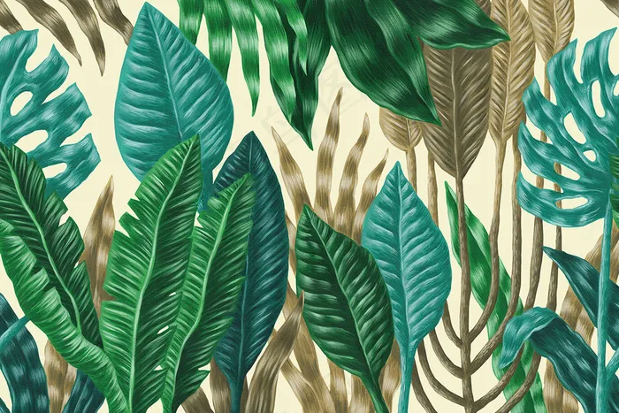 北欧现代床头画清新绿色植物树叶无框...