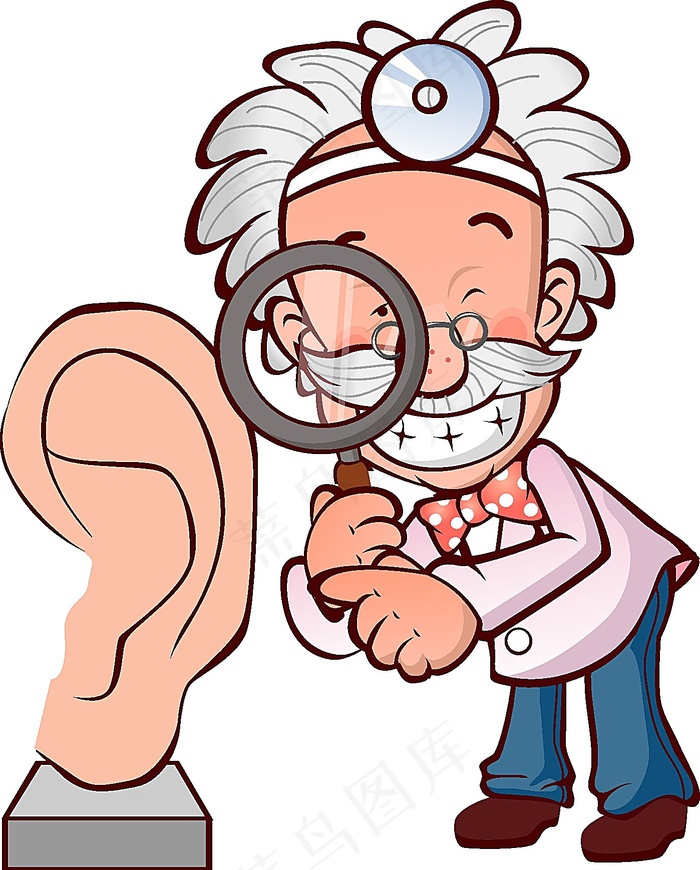 耳朵模型边拿着放大镜的老医生插画