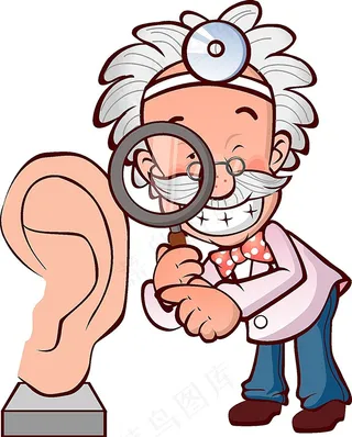 耳朵模型边拿着放大镜的老医生插画