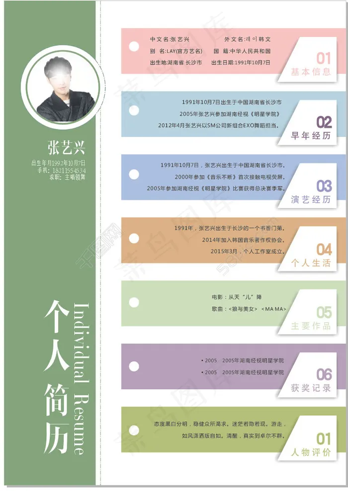 张艺兴简历个人简历cdr矢量模版下载