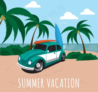 手工绘制的老式车在海滩上的背景