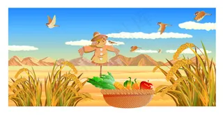 稻田田野风景插画