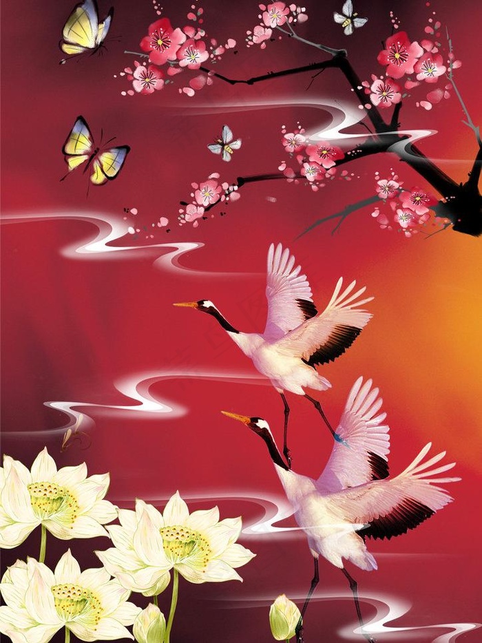 梅花与仙鹤图片(2480X3508(DPI:300))psd模版下载