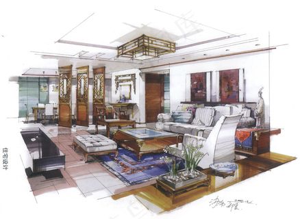 客厅室内空间手绘图片素材