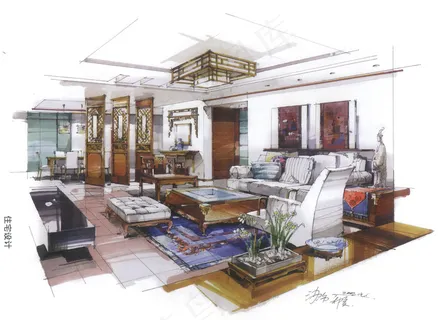 客厅室内空间手绘图片素材