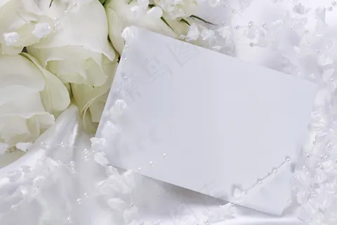 白色玫瑰花与婚礼邀请函 白色玫瑰花与婚礼邀请函