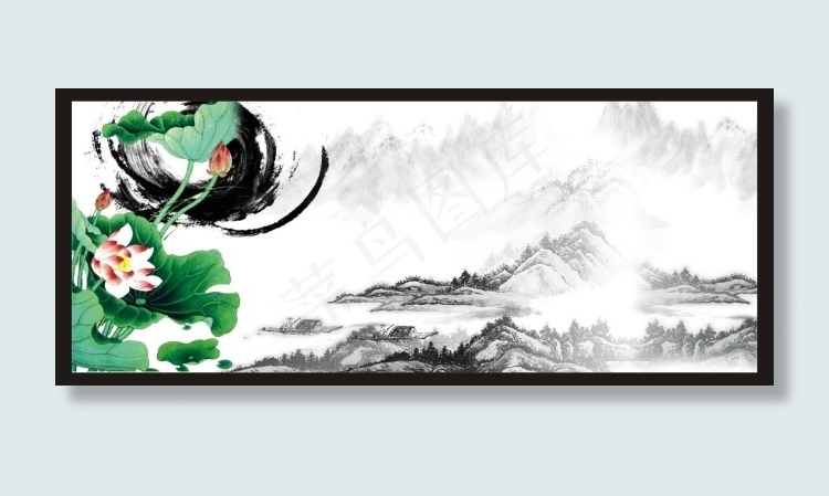 中国风荷花水墨画唯美意境CDR