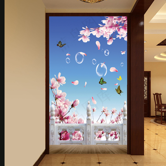 桃花花瓣山水风景玄关画系列模板(3402X6803(DPI:72))psd模版下载