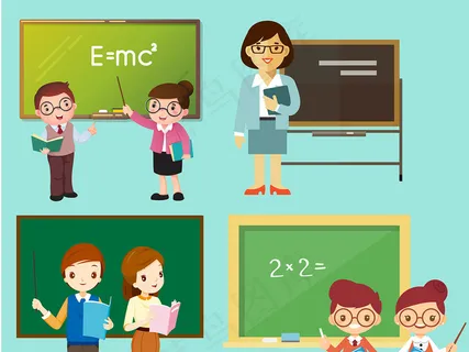 卡通可爱化老教师班主任上课黑板写字...