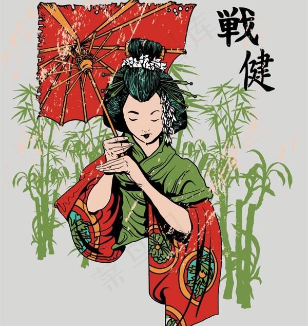 身着和服的日本少女矢量素材