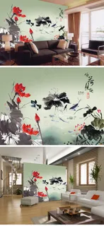 咏荷鱼趣电视背景墙