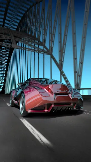 在大桥上疾驰的红色跑车高清摄影图片