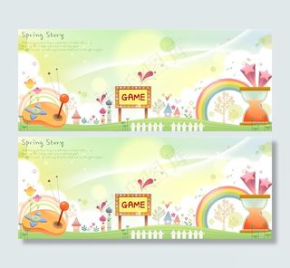 卡通春天梦幻花纹 小屋 小鸟 彩虹 横幅图片