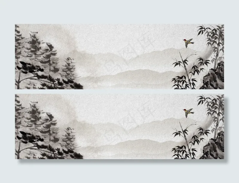 中国风水墨山水画淘宝全屏海报背景P...
