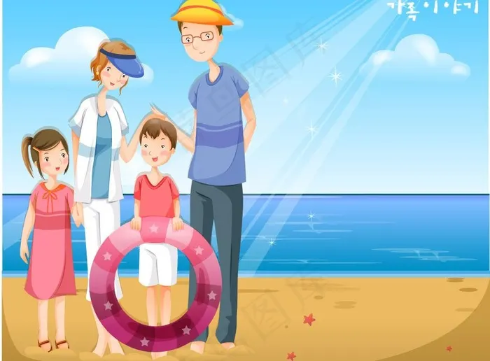 海边沙滩幸福的一家人图片ai矢量模版下载