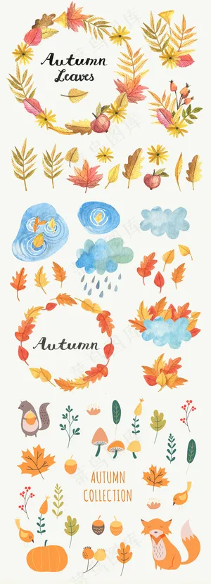 清新彩绘秋季落叶云朵ai矢量素材