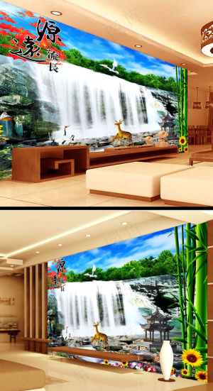 风景画瀑布电视墙壁画