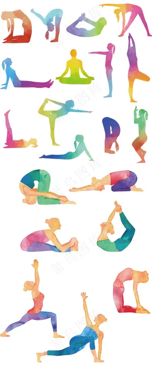 2017缤纷水彩瑜伽动作姿势矢量素...