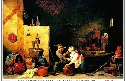 一个在马厩里抚摸厨房女仆的老农民图...