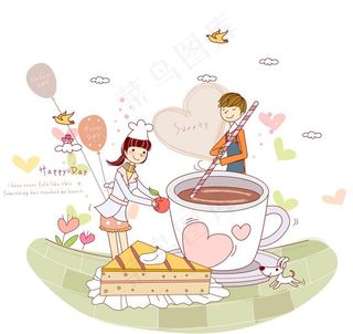 泡咖啡做点心的情侣图片