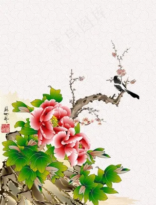 牡丹红梅水墨图PSD分层素材