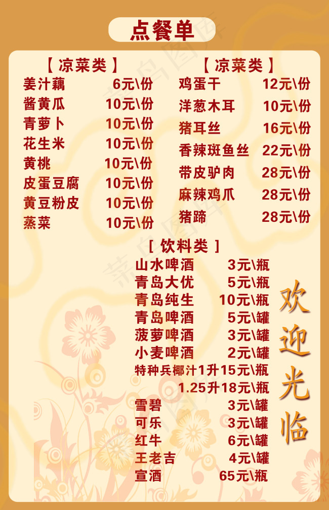 餐馆桌牌价格表psd模版下载