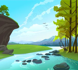 卡通山水画矢量素材