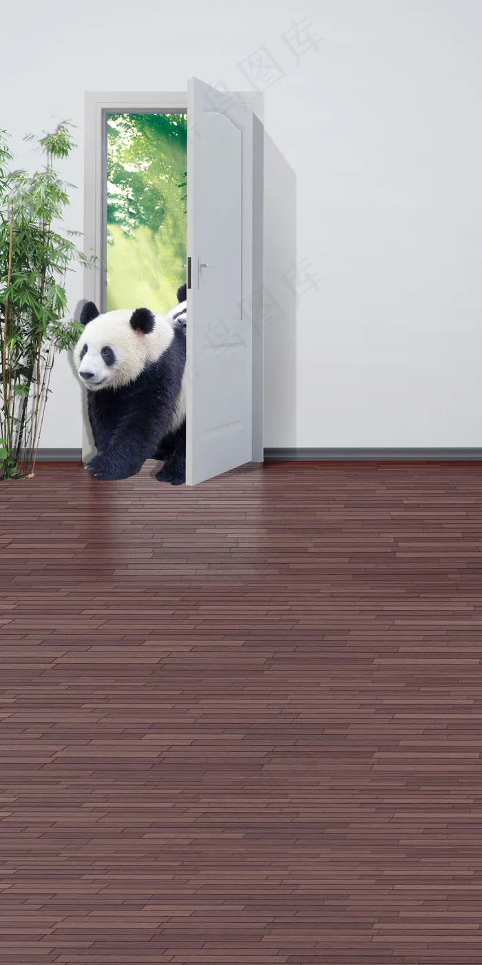 可爱推开房门的大熊猫影楼摄影背景图...