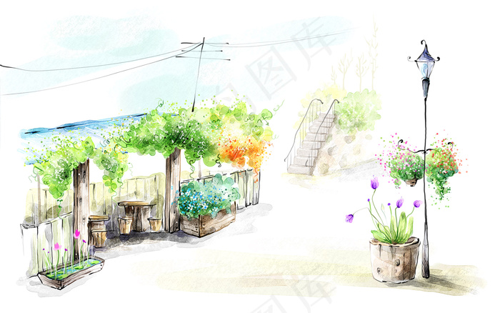 手绘 春天田园风景