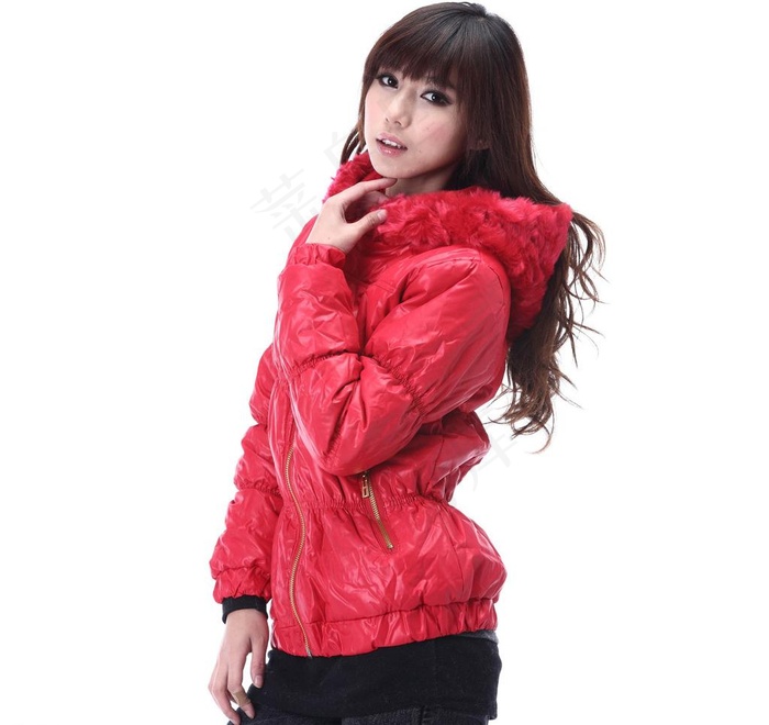红色 羽绒服 美女模特图片