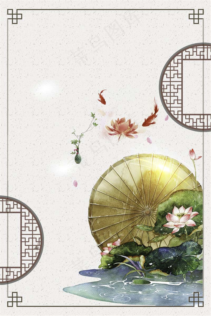 古典编制边框荷花夏至背景素材(2200X3300(DPI:150))psd模版下载