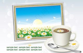 一杯咖啡和相框内的春天风景图片