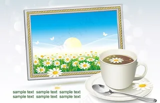 一杯咖啡和相框内的春天风景图片