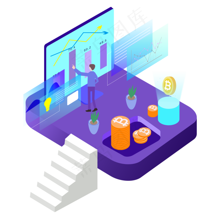 2.5D比特币金融卡通素材,免抠元素