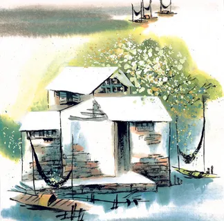 白色小房子水墨画加小船 白色小房子水墨画加小船