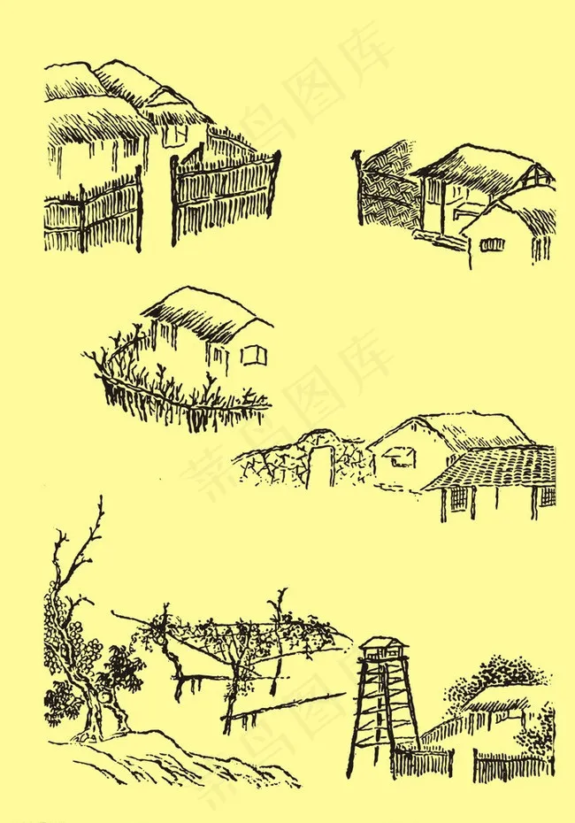 国画民居茅屋图片cdr矢量模版下载