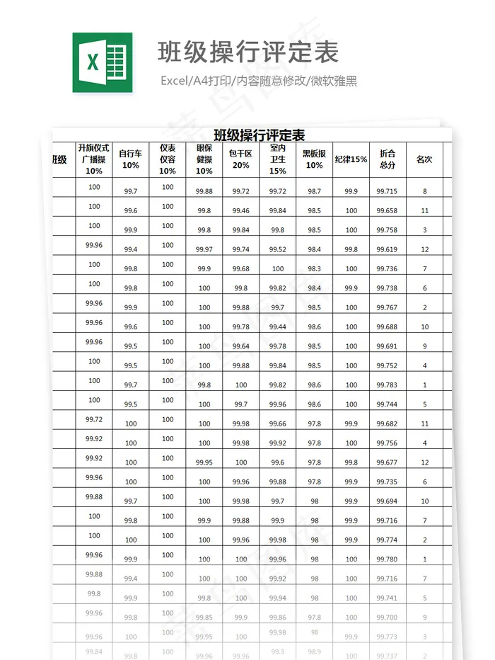 班级操行纪律评定表